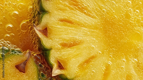Yellow pineapple juice closeup, tropical golden texture with natural fruit fibers and bubbles