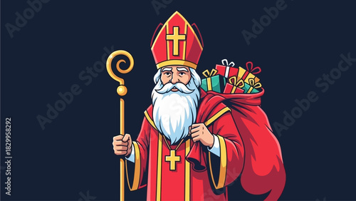 Sinterklaas Character Illustration Saint Nicholas with Gifts Sack and Crozier
