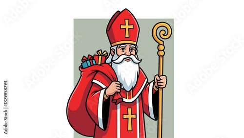 Sinterklaas Character Illustration Carrying Gift Sack and Crozier Staff