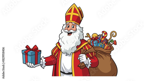 Happy Sinterklaas Character Holding Gift and Full Sack of Presents