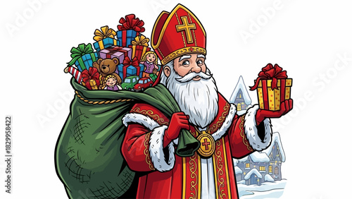 Saint Nicholas Character with Gift Sack and Presents Traditional European Holiday Illustration