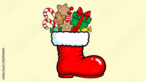 Festive Christmas Stocking Filled with Gingerbread Cookies Candy Canes and Gifts Illustration