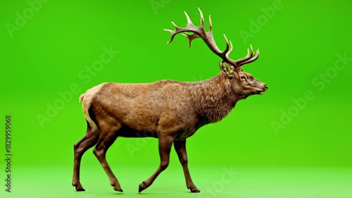 Red deer stag with majestic antlers on green screen studio background
