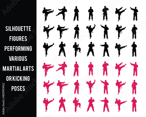 Martial Arts Kicking Poses Silhouettes in Pink and Black