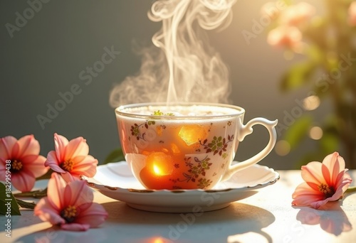 Delicate China Cup Emitting Steaming Herbal Infusion Surrounded by Intriguing Floral Arrangements