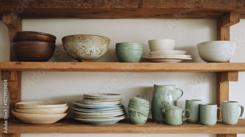 Wooden shelf with three shelves. on the top shelf, there are several bowls and plates of different sizes and colors.