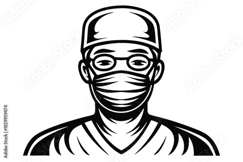 Male surgeon wears a mask and glasses, the is monochrome and bold