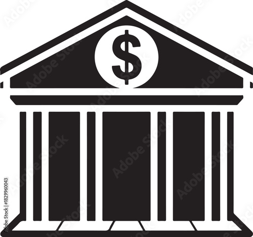 Stylized bank building icon with columns and dollar sign on facade representing financial institution Keywords: bank, building, financial institution, money, dollar sign, currency, finance