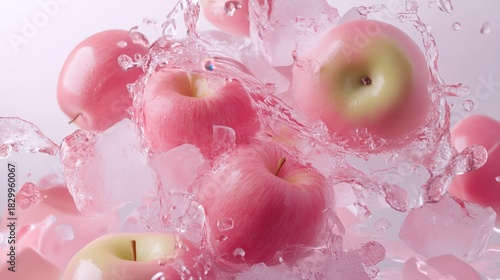 Apples on pink background with cooling ice and water splashes, fresh fruit concept photo