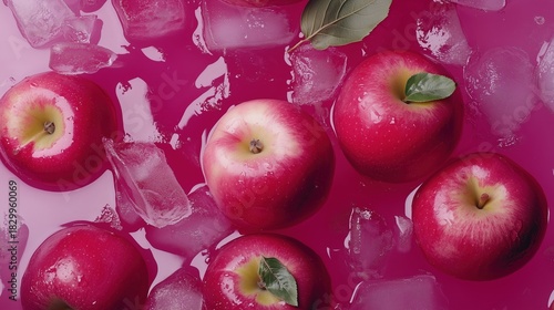 Apples on pink background with cooling ice and water splashes, fresh fruit concept photo
