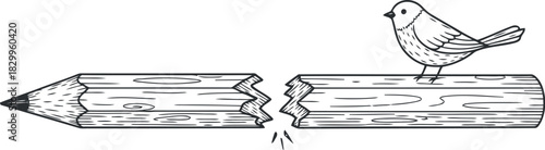 Small bird perched on a broken pencil symbolizing creativity and new beginnings