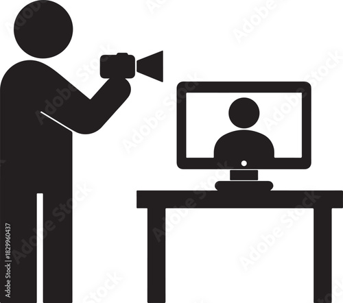 Silhouette icon of a person filming a computer screen displaying a person's silhouette camera