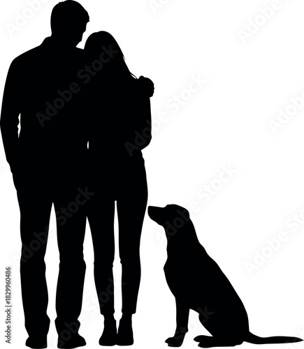 Silhouettes of a couple and their loyal dog against a white background