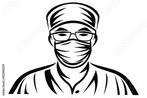 Minimalist art shows a surgeon wearing a cap, mask, and glasses in black outline