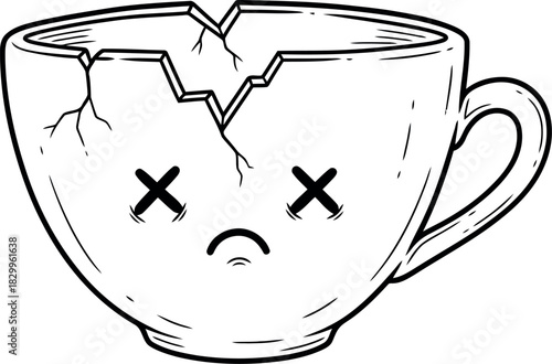 Sad broken coffee cup with x eyes and frowning face