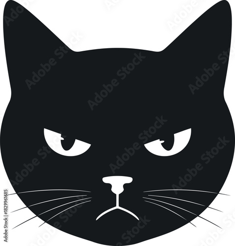 Grumpy black cat face illustration with white background