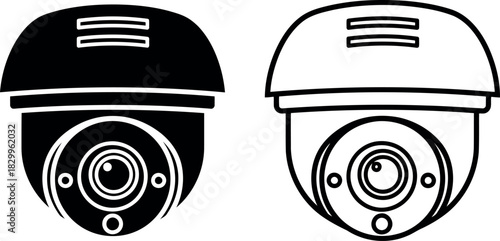 Two security cameras one black one white outline illustration
