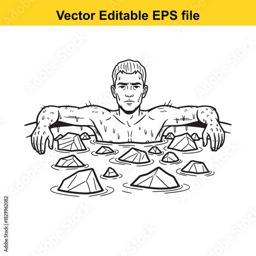 Man relaxing in hot spring water with rocks around him, black and white line art illustration, vector editable eps file