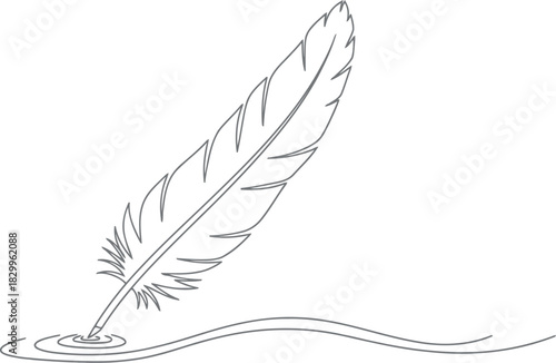 Elegant quill pen drawing with ink splatter on white background