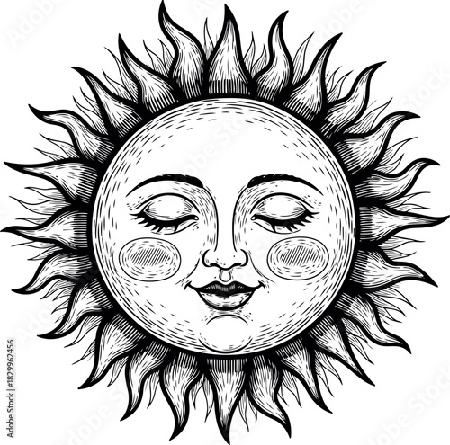 Vintage celestial sun face with closed eyes and fiery rays