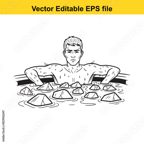 Black and white line art illustration of a muscular man relaxing in a hot tub or pool filled with pyramidshaped rocks, vector editable eps file