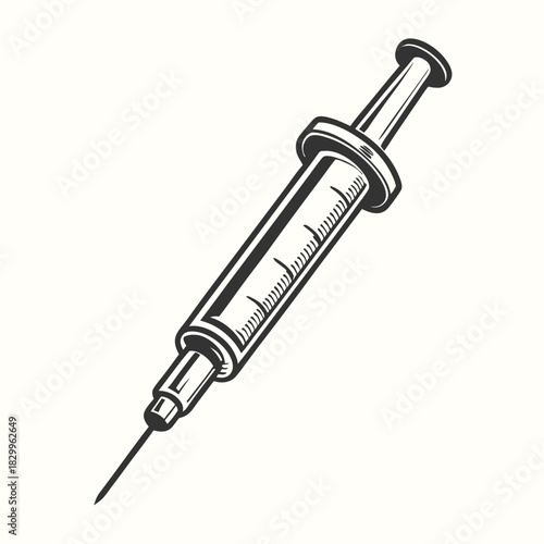 Monochrome syringe illustration shows a detailed needle and volumetric container with white backdrop
