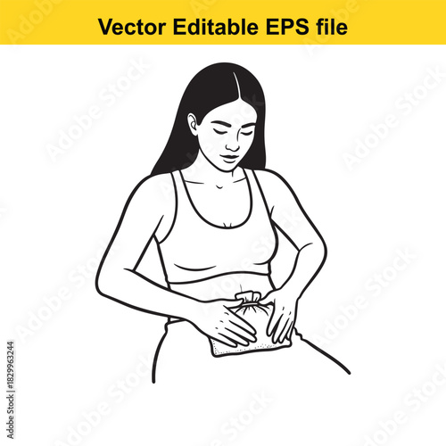 Line art illustration of a woman applying a small hot water bottle or heating pad to her lower abdomen for pain relief, isolated on white background