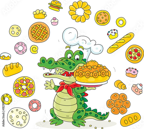 Funny green crocodile baker and pastry cook presents freshly baked pastries from its bakery, vector cartoon illustration on a white background