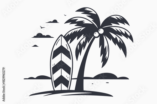 Monotone palm tree stands near a surfboard on the beach under a cloudy sky