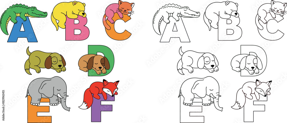 Fototapeta premium Sleeping Animals Alphabet From A To F for Kids Learning and Coloring Book