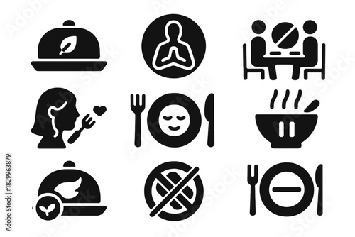 Silent Meal Icons. Solid style icons of silent meal rituals: food tray with leaf icon, mindful eating badge, no-talk at table