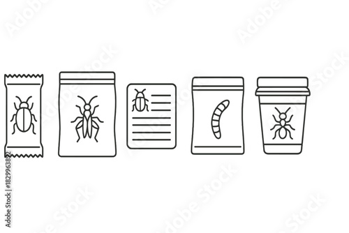 Insect Cuisine Packaging Icons. Line style icons of insect cuisine packaging: transparent protein bar wrapper, bug mix pouch,