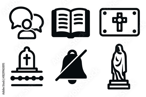 Cemetery Tourism Icons. Line style icons of Cemetery Tourism: visitor comments icon, memorial guestbook, bronze plaque, historic