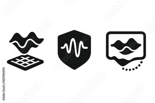 Acoustic Hologram Icons. Solid style icons of acoustic holograms: levitation grid with 3D wave icon, sound-shaped object badge,