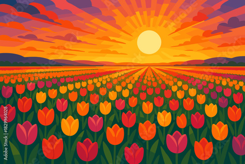 Sunset Over Tulip Field. Vibrant sunset vector illustration over a colorful tulip field stretching into the horizon, glowing with