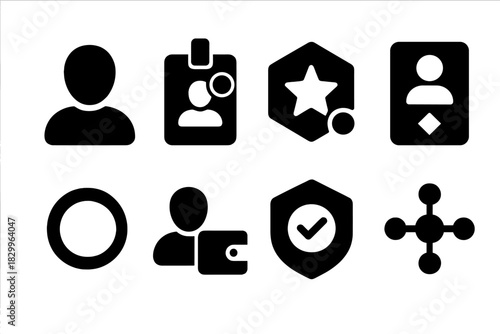 DAO Identity Icons. Solid style icons of DAO member identity: anonymous user avatar, token-based ID badge, reputation score icon.