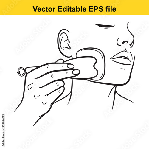 Line art vector illustration of a woman using a gua sha tool for facial massage and skincare treatment isolated on white background