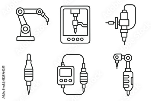 Robotic Tattoo Icons. Line style icons of tattoo robotics: robotic tattoo arm, automated ink injector, precision needle tool,