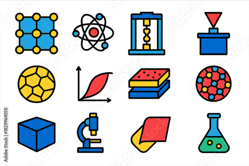 Material Science Icons. Flat vector icons of materials science: crystal lattice, atomic structure, tensile test machine, hardness