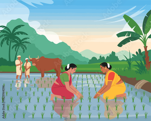 Rice Field Farming Landscape Art showing women planting crops in traditional rural agriculture with farmers mountains trees and a bull in natural scenery