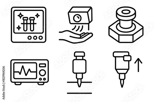 Tattoo Safety Icons. Line style icons of safety systems in tattoo robotics: sterilization chamber, skin detection sensor,