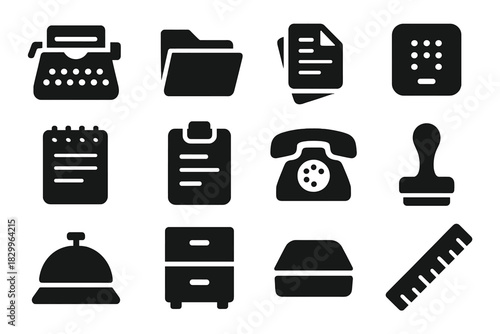 Office Communication Icons. Solid style icons of Office Communication: Typewriter, File Folder, Carbon Paper, Intercom, Notepad,