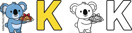 Adorable Cartoon Koala Holding a Kookaburra Cookie with Letter K Educational Coloring Page
