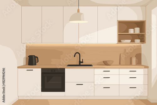 Sleek Modern Kitchen. Modern kitchen interior with sleek vector illustration white cabinets, natural wood accents, and soft