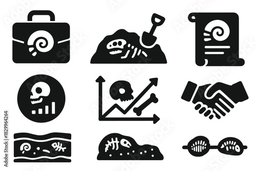 Corporate Fossil Icons. Solid style icons of corporate paleontology: fossil briefcase icon, company history dig site, ancient