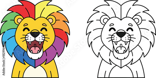 Cheerful Cartoon Lion with Rainbow Mane Happy Animal Coloring Page for Kids