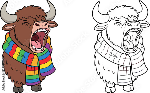  Funny Cartoon Yak Yawning with Rainbow Scarf for Kids Coloring and Fun
