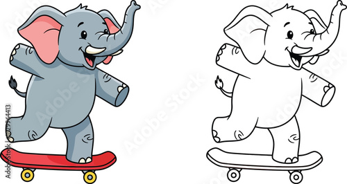 Playful Cartoon Elephant Skateboarding Dynamic Kids Activity and Coloring Page
