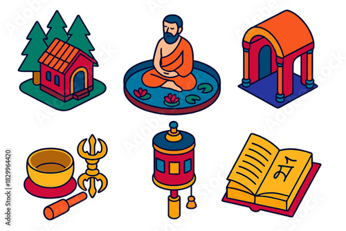 Silent Forest Hermitages. Isometric vector illustration set History of silence: forest hermitages, meditative ponds, silent