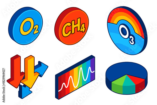 Biosignature Gas Icons. Isometric vector illustration set Biosignature Gases: oxygen O₂ symbol, methane CH₄ symbol, ozone O₃ layer